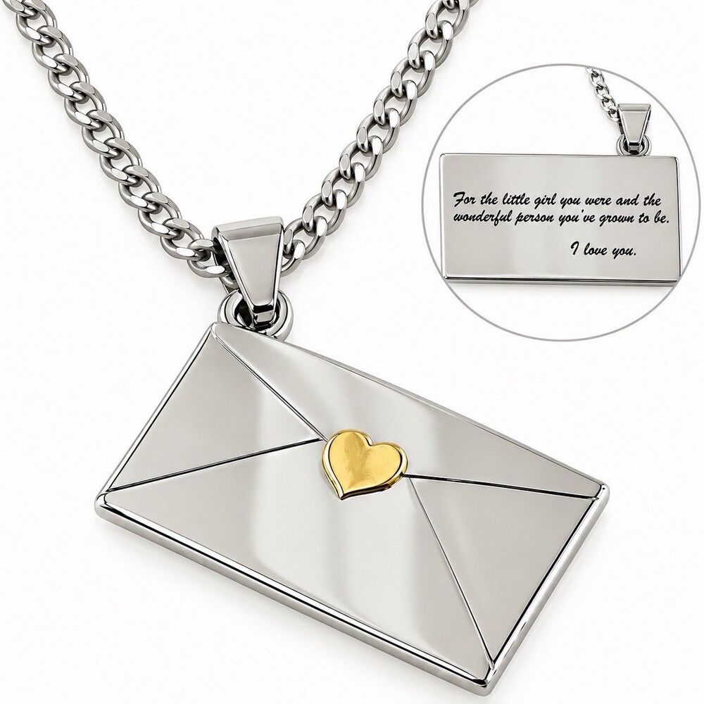 Love Letter Envelope Pendant Stainless Steel Necklace Girl Daughter Gold Heart